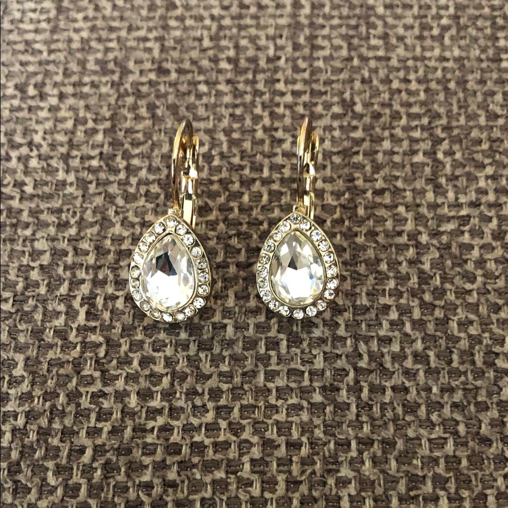 Gold Teardrop Crystal Leverback Earrings - Clear Crystal
